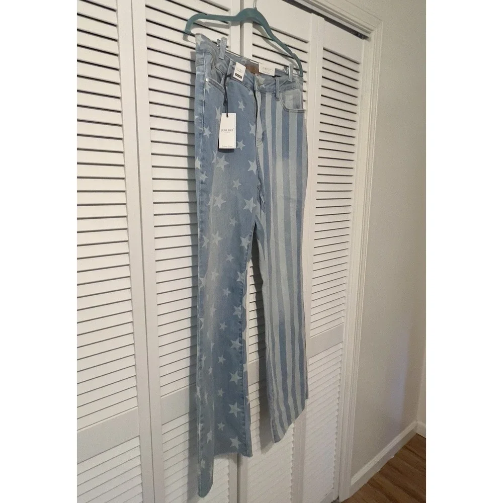 NWT JUDY BLUE High Waist Flare Jeans Stars & Stripes Size 14W Stretch USA. - Picture 3 of 13